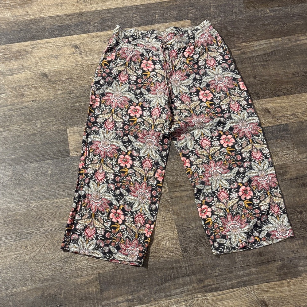 LOFT Womens Black Floral Pull-On Pants with Pink Accents